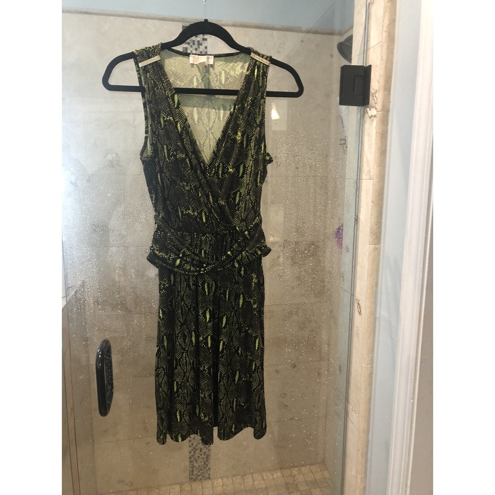 Michael Kors Green Black Gold Snake Print Faux Wrap Dress XS 2